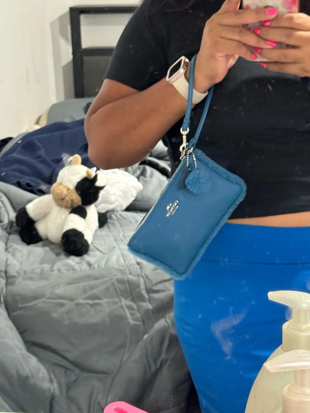 Coach Teal-Blue Faux-Shearling Leather Wristlet with Pom Charm